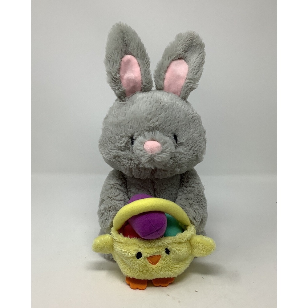 Gund Easter Bunny With Basket Gray Plush Stuffed Animal Yellow Chick Eggs Rabbit